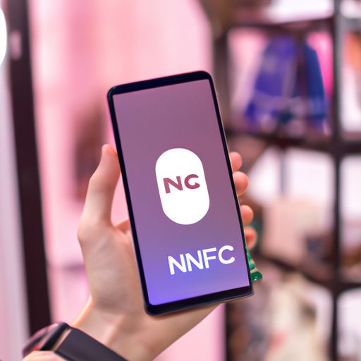 תמונה שבה נראה לקוח מחזיק סמארטפון ליד תג NFC בחנות קמעונאית.